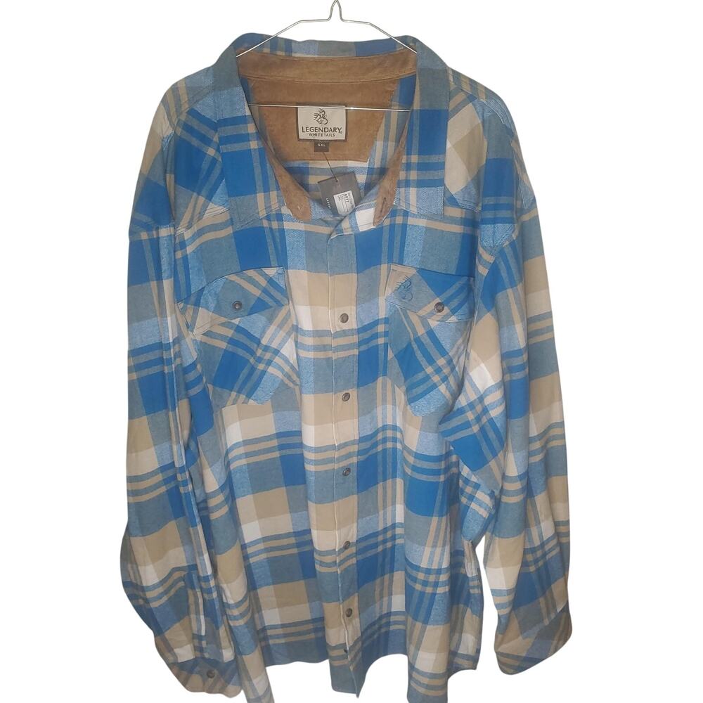 Legendary Whitetails Shotgun Western Flannel Shirt Men's 5XL Blue Tan Plaid NEW